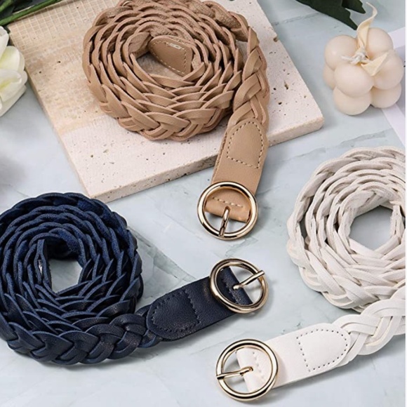 3 Pieces Women\'s Braided Leather Belt Skinny Woven Braided Belt O-Ring Buckle Le